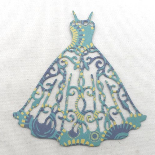 N°26 d'une petite robe à bretelle en papier fond  bleu marine à motifs vert ocre   découpage fin