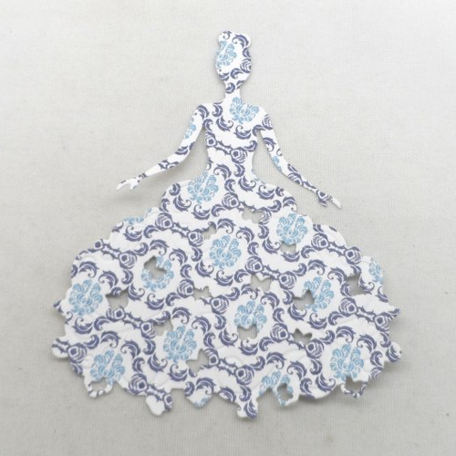 N°22  d'une belle robe en papier fond blanc à motifs bleu marine  et bleu  "aux papillons"  découpage fin et gaufrage