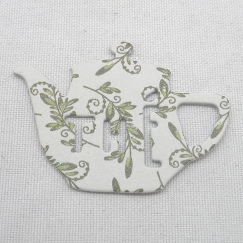 N°329  petite théière thé   en papier fond blanc à motif vert  avec quelques paillettes découpage