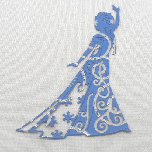 N°1345  jolie reine des neiges  en papier fond  bleu avec des motifs argentés blancs  a découpage  fin
