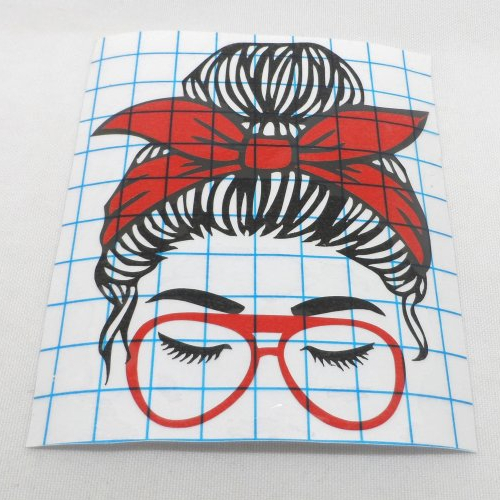 N°1457 "sticker"  tête de femme chignon foulard lunette en vinyle rouge  découpage