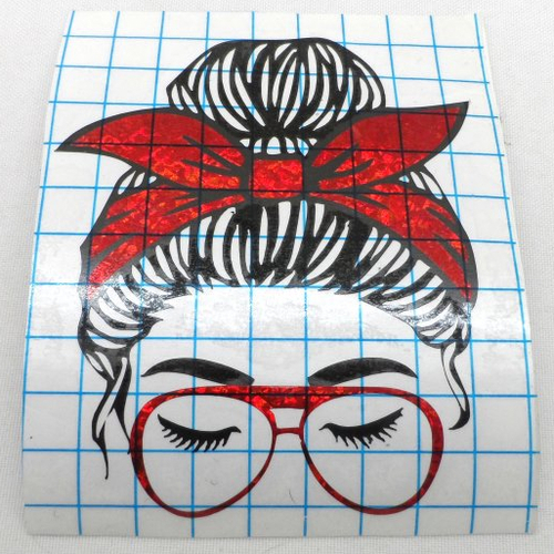 N°1457 "sticker"  tête de femme chignon foulard lunette en vinyle rouge brillant "hologramme"   découpage