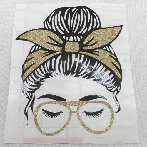 N°1457 "sticker"  tête de femme chignon foulard lunette en vinyle doré paillette  découpage