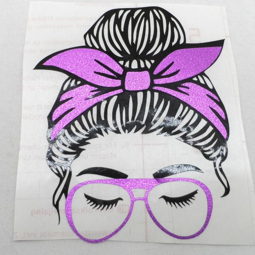 N°1457 "sticker"  tête de femme chignon foulard lunette en vinyle   violet paillette découpage