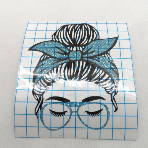 N°1457 "sticker"  tête de femme chignon foulard lunette en vinyle   bleu brillant découpage