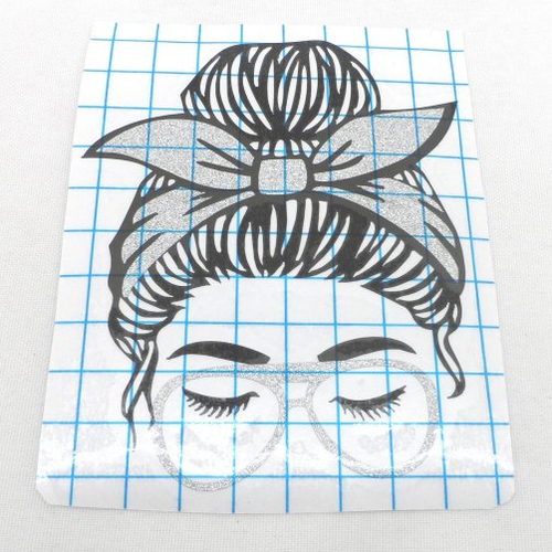 N°1457 "sticker"  tête de femme chignon foulard lunette en vinyle argenté à paillette  découpage