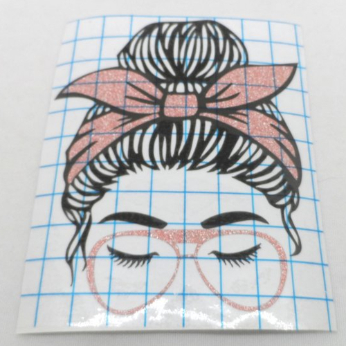 N°1457 "sticker"  tête de femme chignon foulard lunette en vinyle rose clair "saumon"  à paillette découpage