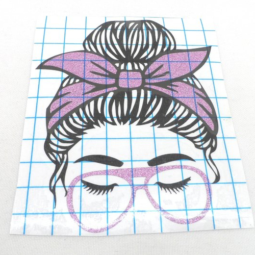 N°1457 "sticker"  tête de femme chignon foulard lunette en vinyle rose foncé à paillette découpage