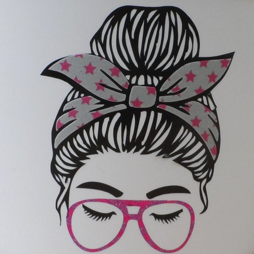 N°1457 "sticker"  tête de femme chignon foulard lunette en vinyle à motif étoiles roses  découpage