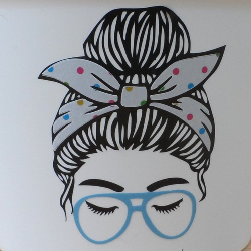 N°1457 "sticker"  tête de femme chignon foulard lunette en vinyle à motif pois rose bleu vert jaune