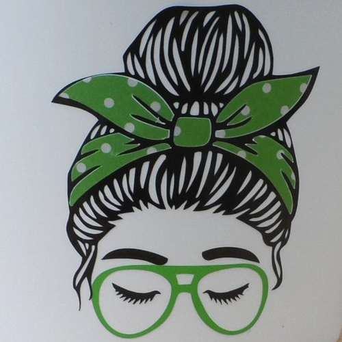 N°1457 "sticker"  tête de femme chignon foulard lunette en vinyle à motif pois blanc fond vert