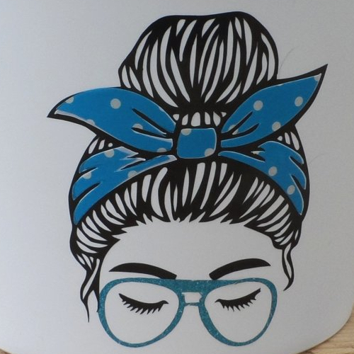 N°1457 "sticker"  tête de femme chignon foulard lunette en vinyle à motif pois blanc fond bleu