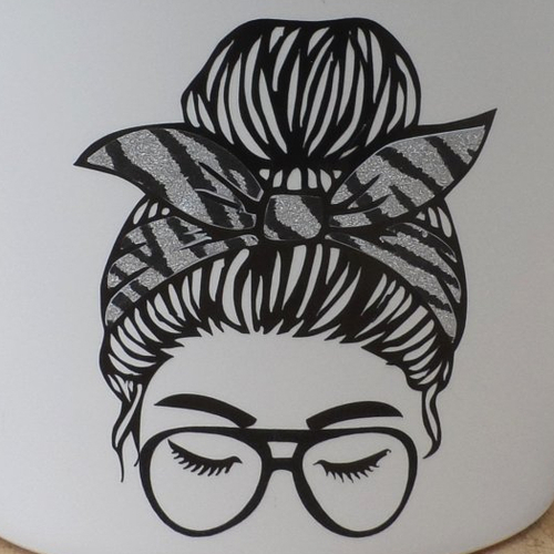 N°1457 "sticker"  tête de femme chignon foulard lunette en vinyle "zébré"  argenté pailleté et noir
