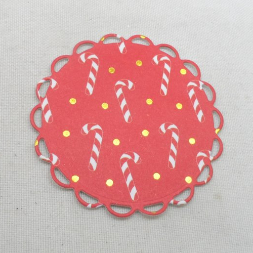 1014  jolie cercle festonné  en papier  thème de noël fond rouge  avec canne point doré pour décorer  vos cartes