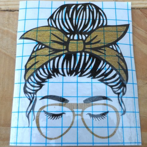 N°1457 bis  "sticker"  tête de femme chignon foulard lunette en vinyle doré découpage