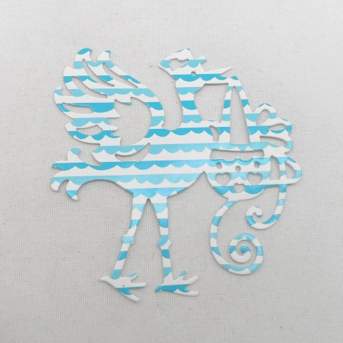 N°10 de la cigogne "factrice" qui annonce la naissance d'un bébé en papier fond blanc à "vagues" bleues