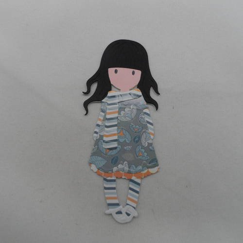 N°712 d'une fille "santoro"   en papier gris bleu orange  blanc découpage fin 