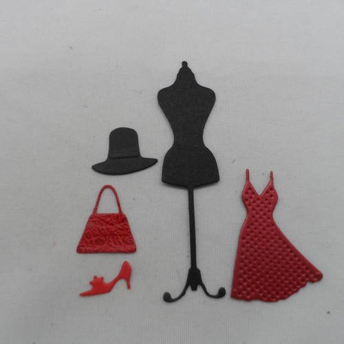 N°676  lot de cinq éléments mode  en papier rouge  et noir (mannequin, robe, chapeau, 1 chaussure, sac) découpage