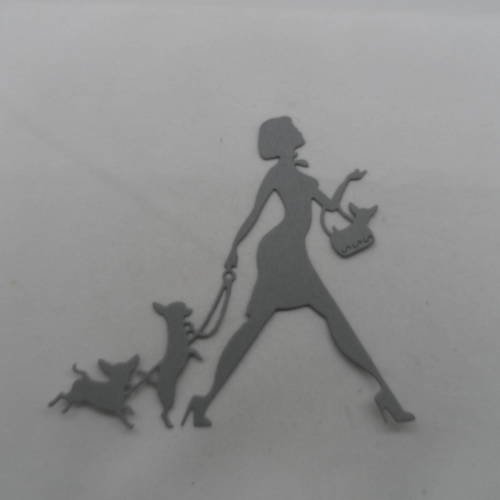 N°850  d'une femme aux trois chiens chihuahua en papier gris   découpage fin 