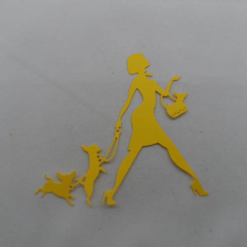 N°850  d'une femme aux trois chiens chihuahua  en papier jaune   découpage fin 