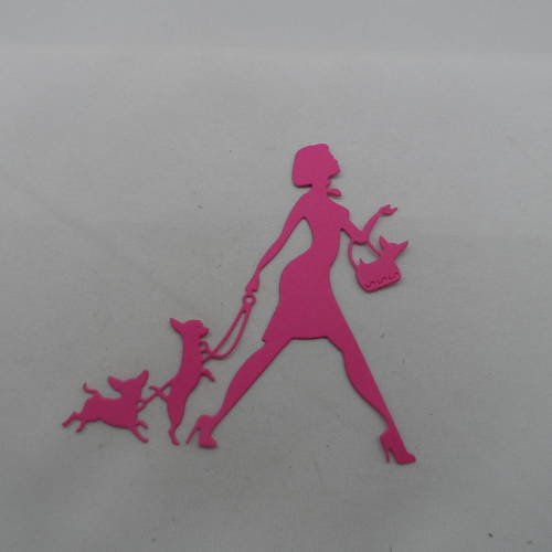 N°850  d'une femme aux trois chiens chihuahua en papier fuchsia   découpage fin 
