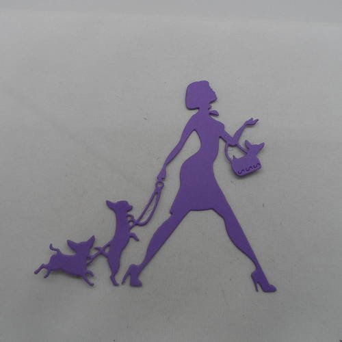 N°850  d'une femme aux trois chiens chihuahua   en papier violet foncé  découpage fin 