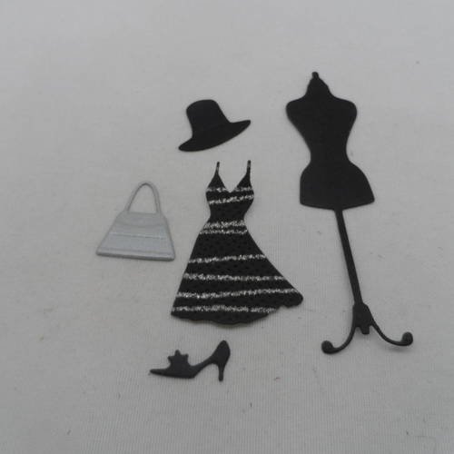 N°676  lot de cinq éléments mode  en papier argenté  et noir (mannequin, robe, chapeau, 1 chaussure, sac) découpage