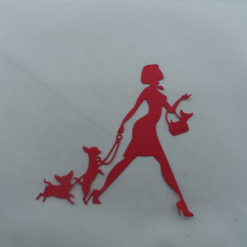 N°850  d'une femme aux trois chiens chihuahua   en papier rouge   découpage fin 