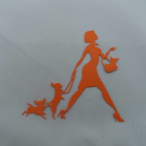 N°850  d'une femme aux trois chiens chihuahua   en papier orange  découpage fin 