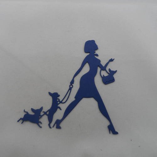 N°850  d'une femme aux trois chiens chihuahua  en papier bleu marine   découpage fin 