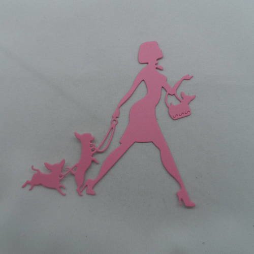 N°850  d'une femme aux trois chiens chihuahua en papier rose   découpage fin 