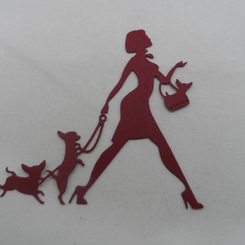 N°850  d'une femme aux trois chiens chihuahua   en papier bordeaux   découpage fin 