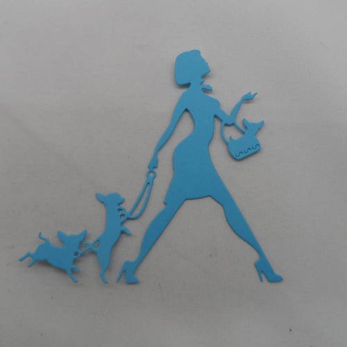 N°850  d'une femme aux trois chiens chihuahua   en papier bleu   découpage fin
