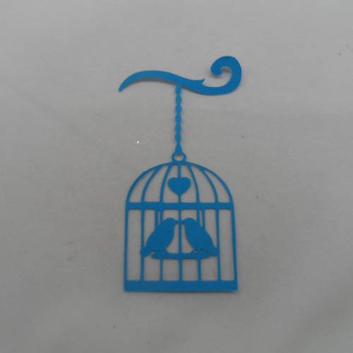 N°751 d'une cage à deux oiseaux  en papier bleu turquoise  avec cœur  découpage fin