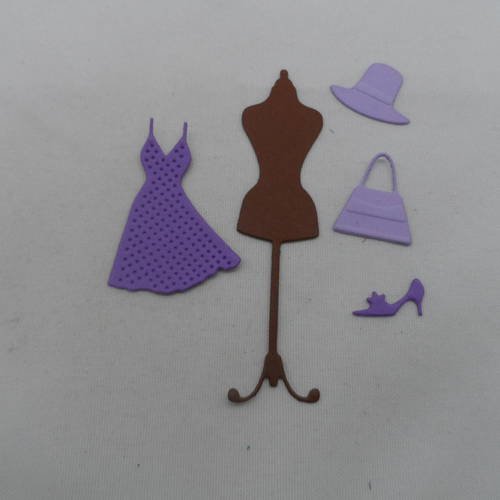 N°676  lot de cinq éléments mode  en papier violet et marron   (mannequin, robe, chapeau, 1 chaussure, sac) découpage fin