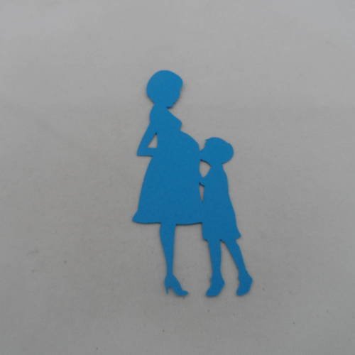 N°840   d'une maman enceinte et d'un petit garçon en papier bleu turquoise découpage