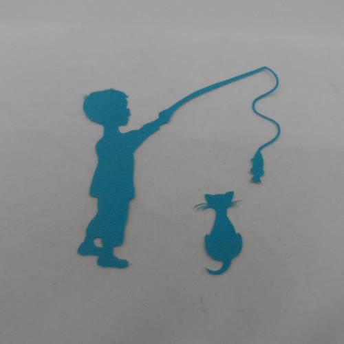 N°363 petit garçon pêche un  poisson et son  chat regarde  en papier tapisserie  bleu turquoise   découpage