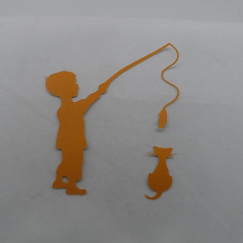 N°363 petit garçon pêche un  poisson et son  chat regarde  en papier tapisserie  orange   découpage