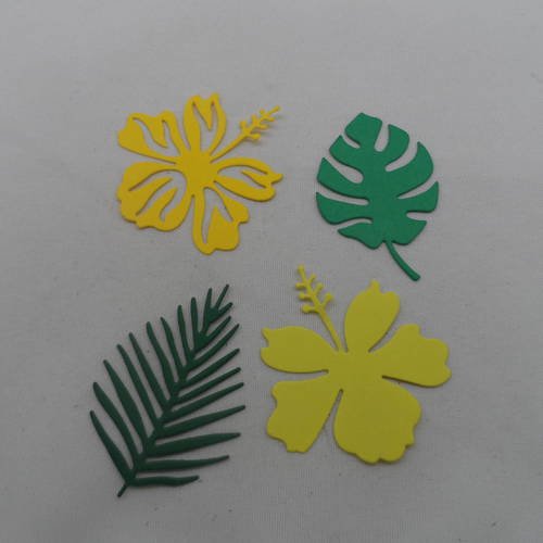 N°500 d'un lot de deux fleurs et deux feuilles différentes  n°1 en papier jaune  et vert découpage
