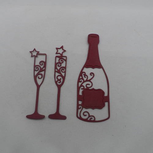 N°816 bouteille de champagne avec deux flûtes   en papier bordeaux  embellissement 