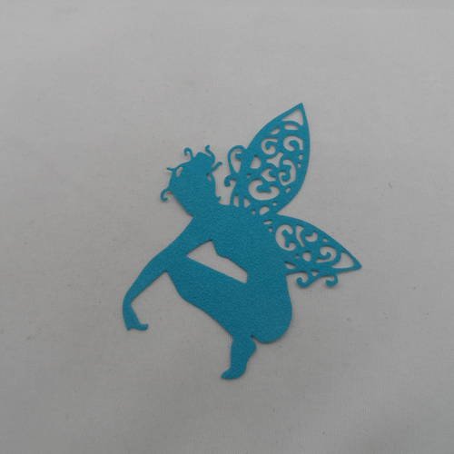 N°640 jolie fée  papillon accroupie  en papier tapisserie bleu turquoise découpage fin