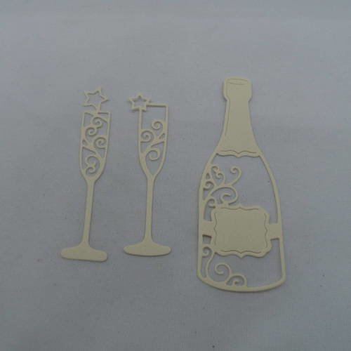 N°816 bouteille de champagne avec deux flûtes   en papier écru  embellissement 