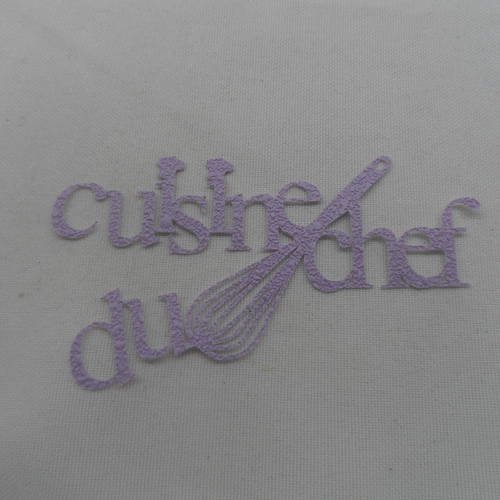 N°730 mot cuisine du chef  en papier  tapisserie violet  avec un fouet et deux petites 