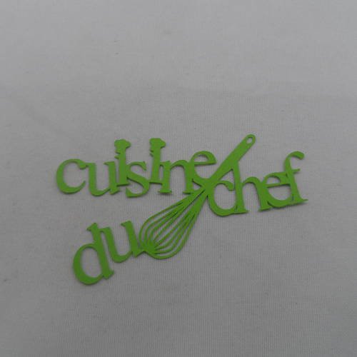 N°730 mot cuisine du chef  en papier vert   avec un fouet et deux petites toques 