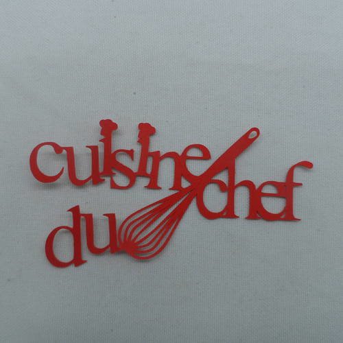 N°730 mot cuisine du chef  en papier rouge    avec un fouet et deux petites toques 