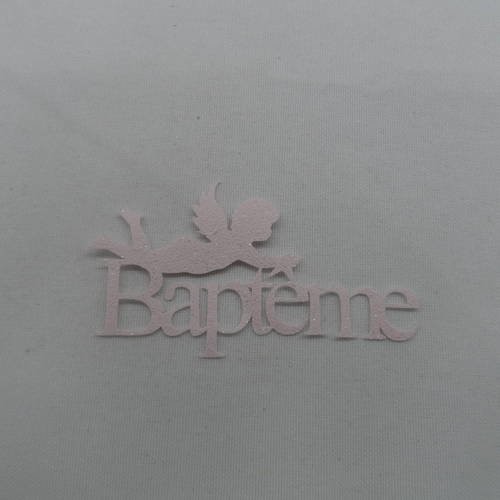 N°724   mot baptême en papier tapisserie rose à paillette  avec un petit ange  découpage 