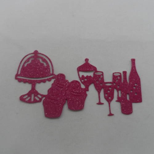 N°610 d'une "frise" buffet  gâteaux verres bouteilles en papier tapisserie rouge framboise à paillette découpage