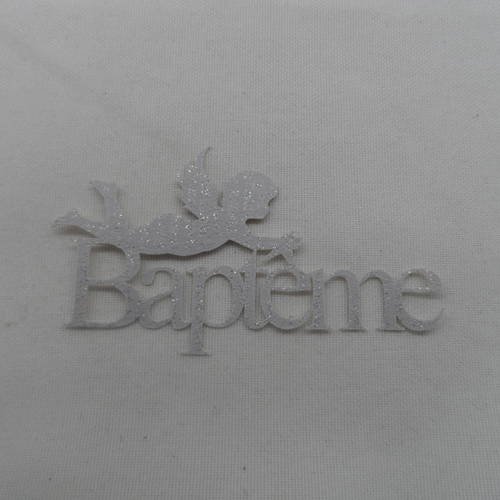 N°724  mot baptême en papier tapisserie gris à paillette  avec un petit ange  découpage 