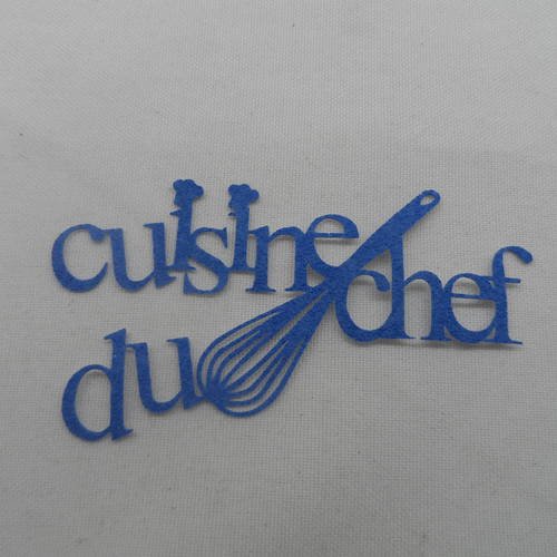 N°730  mot cuisine du chef  en papier tapisserie bleu  avec un fouet et deux petites toques (point 