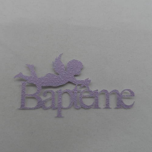 N°724 mot baptême  en papier tapisserie violet  avec un petit ange  découpage 